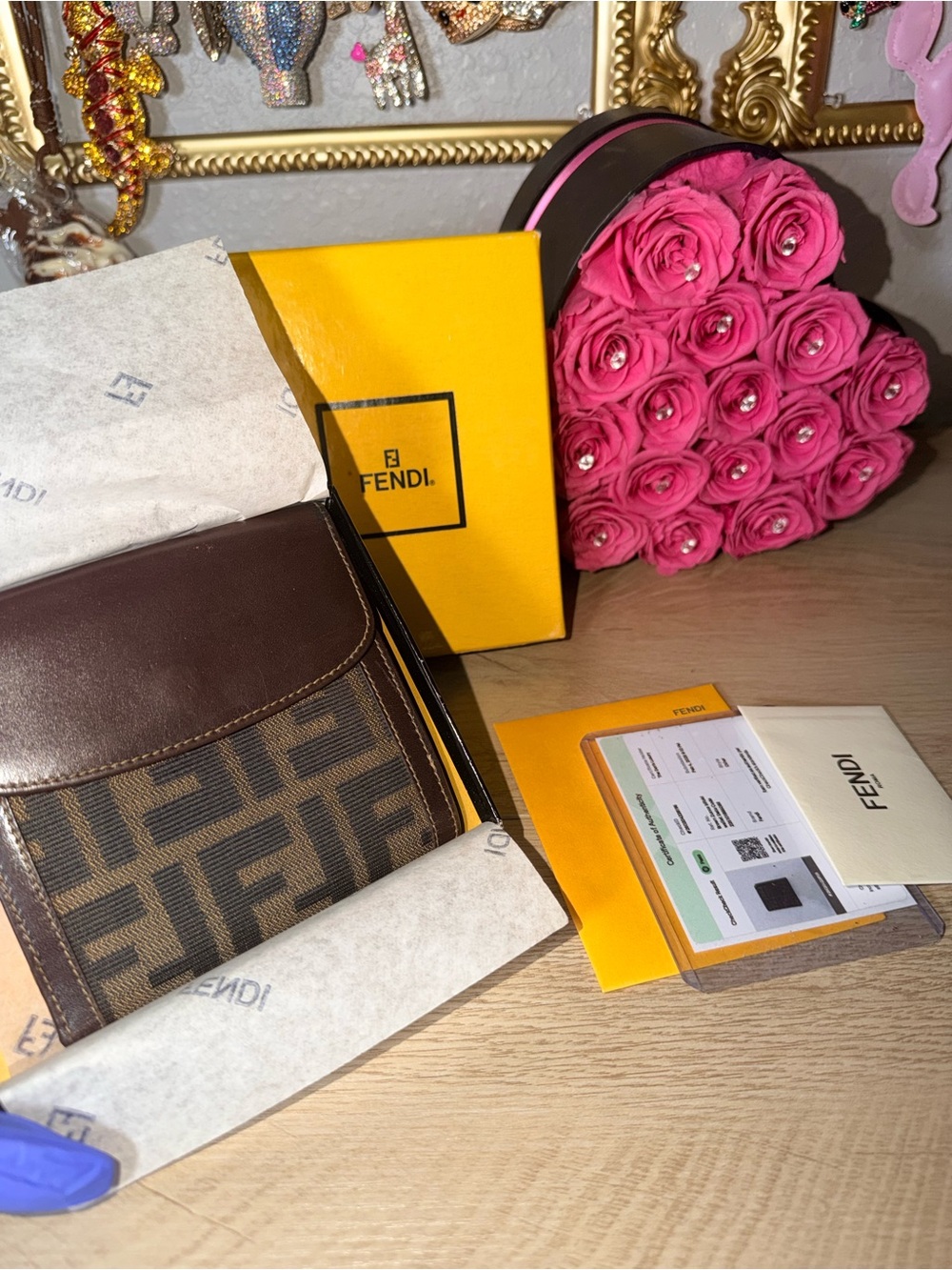 Fendi Brown FF Logo Canvas Card & Key Holder with Leather Trim and COA